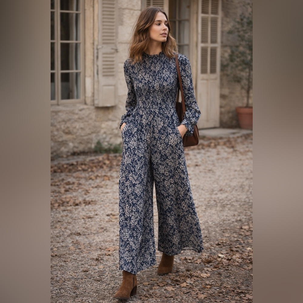 ASOS Floral Smocked Jumpsuit Size 4 Cottagecore Prairie Romantic Long Sleeve
